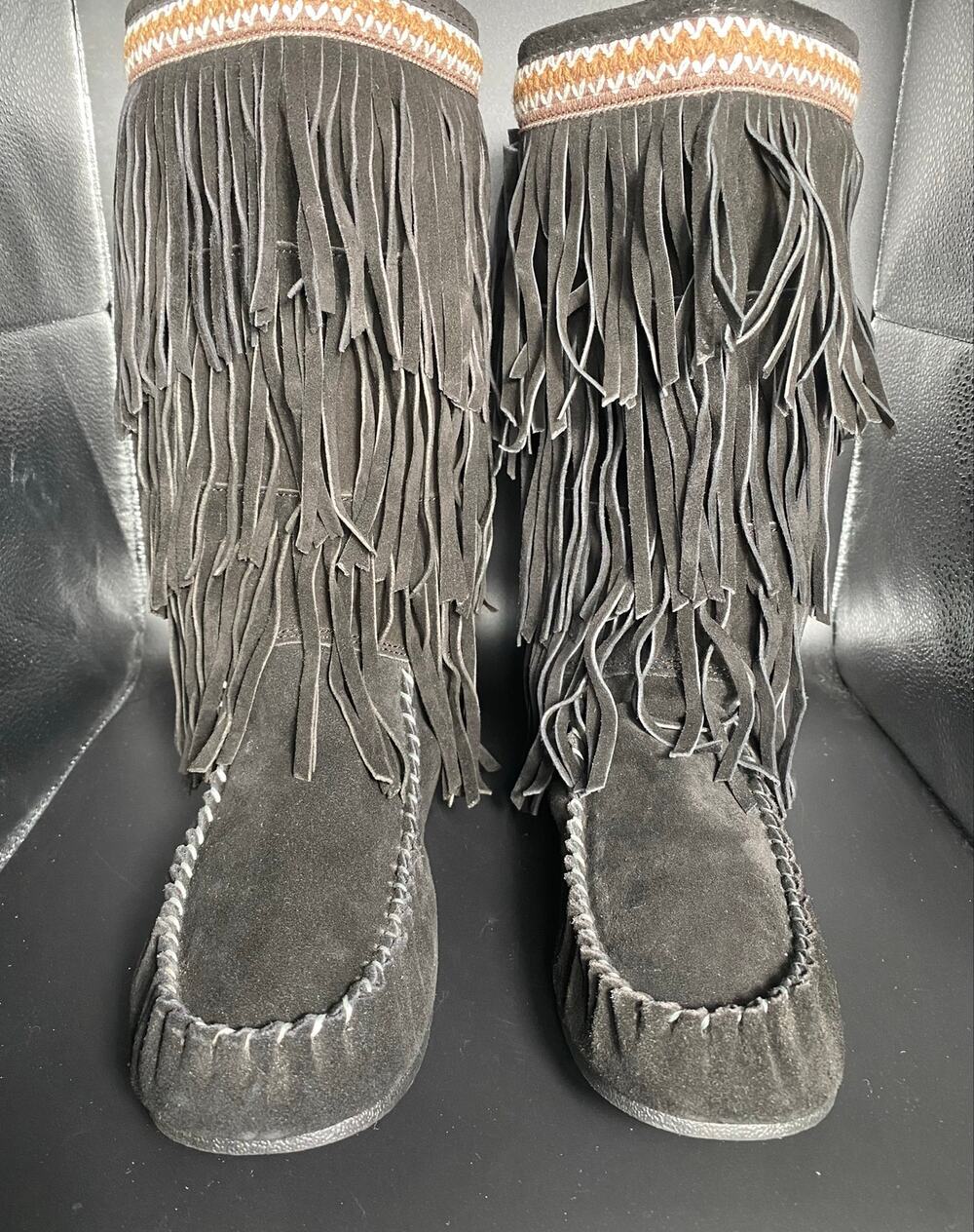 New Lamo Black Virginia 3-Layer Fringe Moccasin Boots Women’s 10